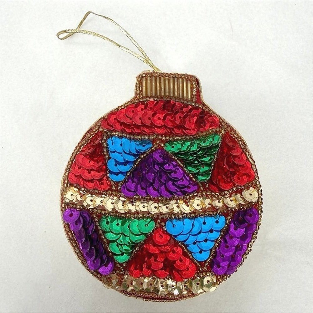 Ornament Shaped Trinket Gift Box Sequin Beaded Gold Fabric Holiday Decor Small